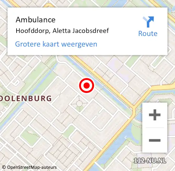 Locatie op kaart van de 112 melding: Ambulance Hoofddorp, Aletta Jacobsdreef op 4 september 2024 21:19