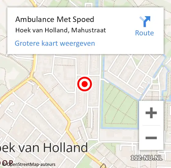 Locatie op kaart van de 112 melding: Ambulance Met Spoed Naar Hoek van Holland, Mahustraat op 5 september 2024 01:40