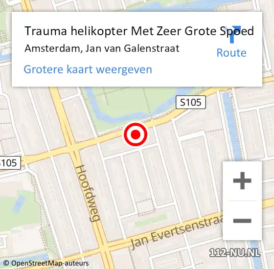 Locatie op kaart van de 112 melding: Trauma helikopter Met Zeer Grote Spoed Naar Amsterdam, Jan van Galenstraat op 5 september 2024 03:38