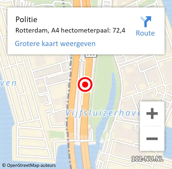 Locatie op kaart van de 112 melding: Politie Rotterdam, A4 hectometerpaal: 72,4 op 5 september 2024 06:40