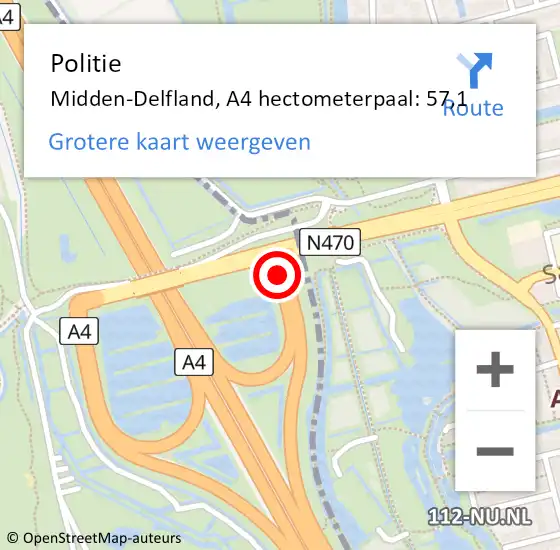 Locatie op kaart van de 112 melding: Politie Midden-Delfland, A4 hectometerpaal: 57,1 op 5 september 2024 06:55