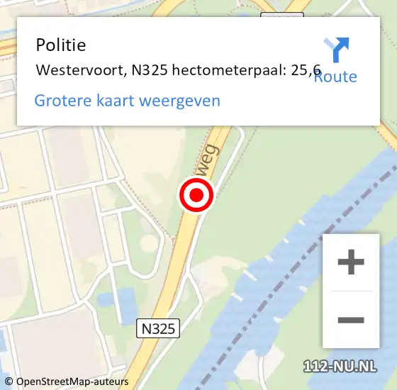 Locatie op kaart van de 112 melding: Politie Westervoort, N325 hectometerpaal: 25,6 op 5 september 2024 07:48