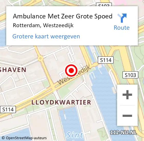 Locatie op kaart van de 112 melding: Ambulance Met Zeer Grote Spoed Naar Rotterdam, Westzeedijk op 5 september 2024 07:53