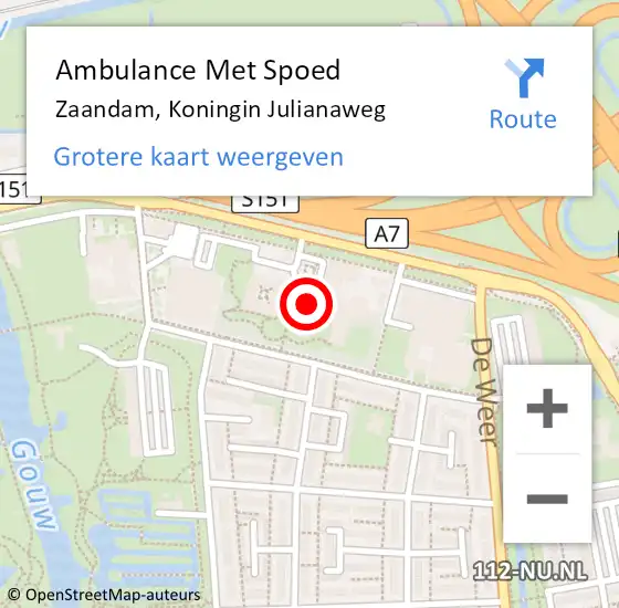 Locatie op kaart van de 112 melding: Ambulance Met Spoed Naar Zaandam, Koningin Julianaweg op 5 september 2024 08:15