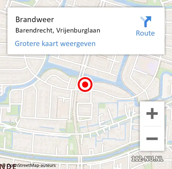 Locatie op kaart van de 112 melding: Brandweer Barendrecht, Vrijenburglaan op 5 september 2024 08:32