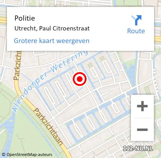 Locatie op kaart van de 112 melding: Politie Utrecht, Paul Citroenstraat op 5 september 2024 09:12