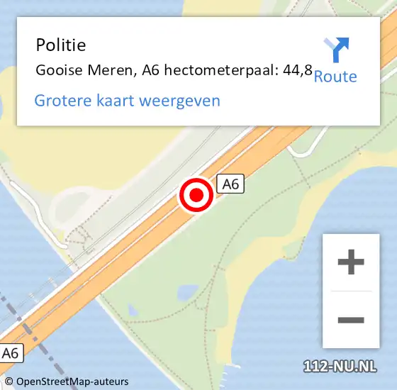 Locatie op kaart van de 112 melding: Politie Gooise Meren, A6 hectometerpaal: 44,8 op 5 september 2024 10:24