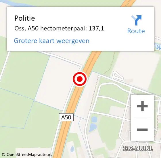 Locatie op kaart van de 112 melding: Politie Oss, A50 hectometerpaal: 137,1 op 5 september 2024 11:09