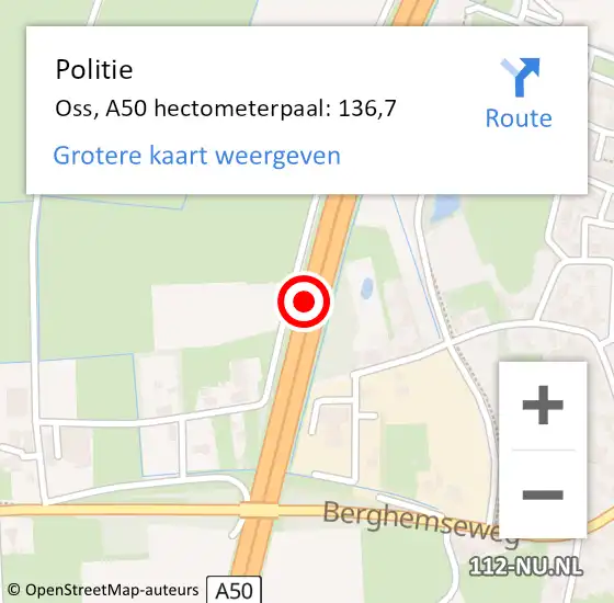 Locatie op kaart van de 112 melding: Politie Oss, A50 hectometerpaal: 136,7 op 5 september 2024 11:12