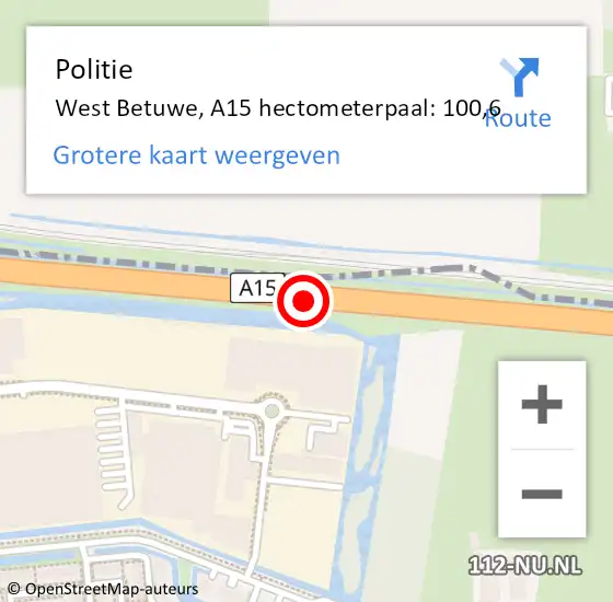 Locatie op kaart van de 112 melding: Politie West Betuwe, A15 hectometerpaal: 100,6 op 5 september 2024 11:35