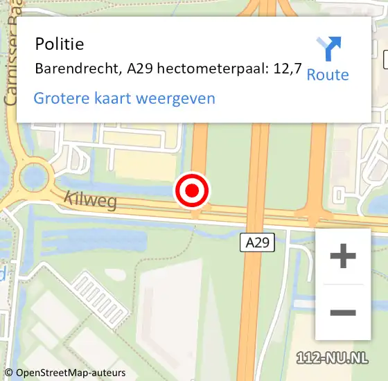 Locatie op kaart van de 112 melding: Politie Barendrecht, A29 hectometerpaal: 12,7 op 5 september 2024 11:53