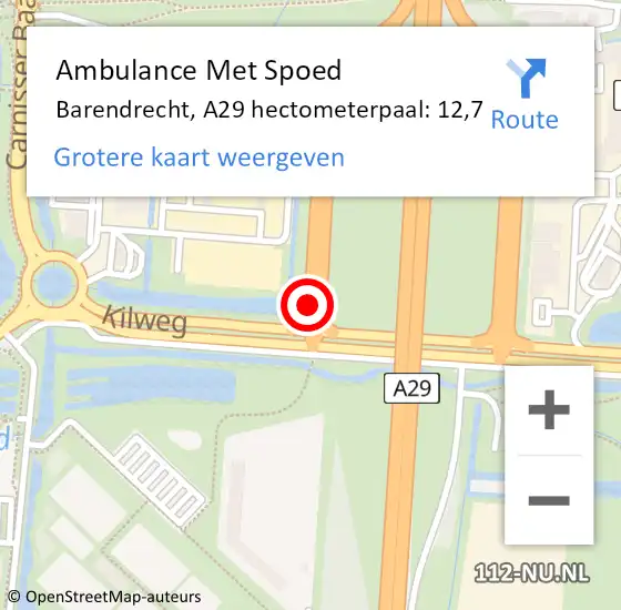 Locatie op kaart van de 112 melding: Ambulance Met Spoed Naar Barendrecht, A29 hectometerpaal: 12,7 op 5 september 2024 11:57