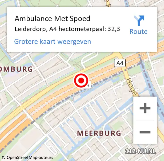 Locatie op kaart van de 112 melding: Ambulance Met Spoed Naar Leiderdorp, A4 hectometerpaal: 32,3 op 5 september 2024 12:07