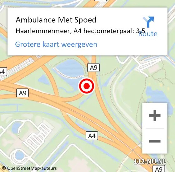 Locatie op kaart van de 112 melding: Ambulance Met Spoed Naar Haarlemmermeer, A4 hectometerpaal: 3,5 op 5 september 2024 12:39