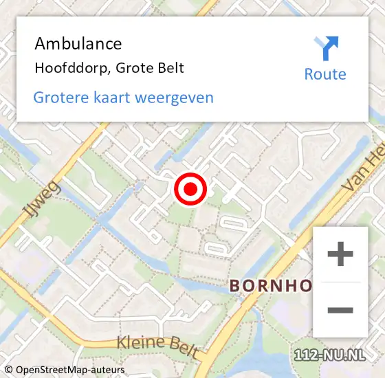 Locatie op kaart van de 112 melding: Ambulance Hoofddorp, Grote Belt op 5 september 2024 12:54