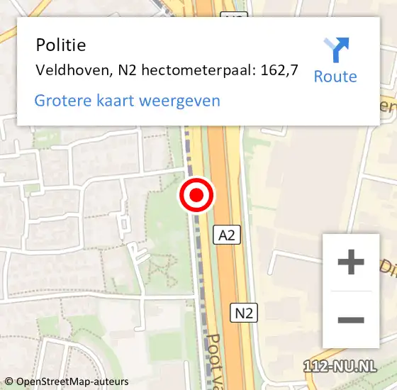 Locatie op kaart van de 112 melding: Politie Veldhoven, N2 hectometerpaal: 162,7 op 5 september 2024 13:40