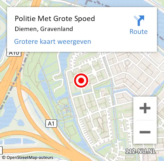 Locatie op kaart van de 112 melding: Politie Met Grote Spoed Naar Diemen, Gravenland op 5 september 2024 13:58