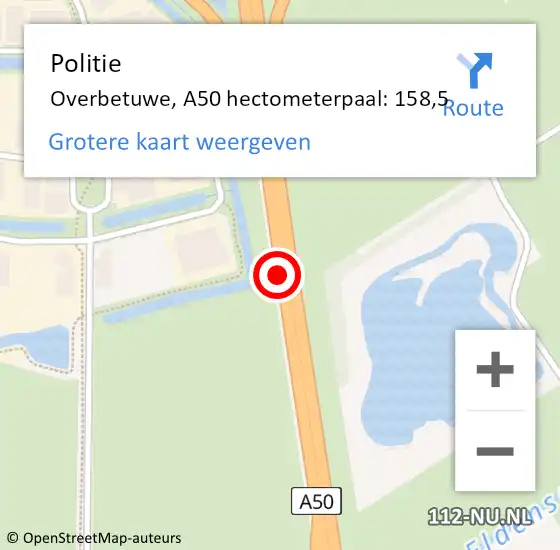 Locatie op kaart van de 112 melding: Politie Overbetuwe, A50 hectometerpaal: 158,5 op 5 september 2024 14:25