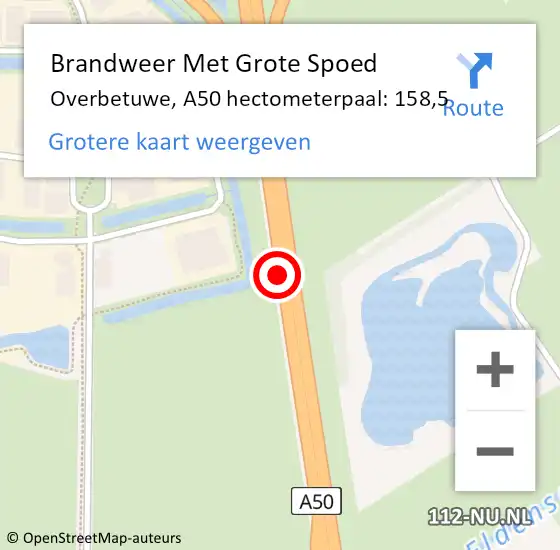 Locatie op kaart van de 112 melding: Brandweer Met Grote Spoed Naar Overbetuwe, A50 hectometerpaal: 158,5 op 5 september 2024 14:25