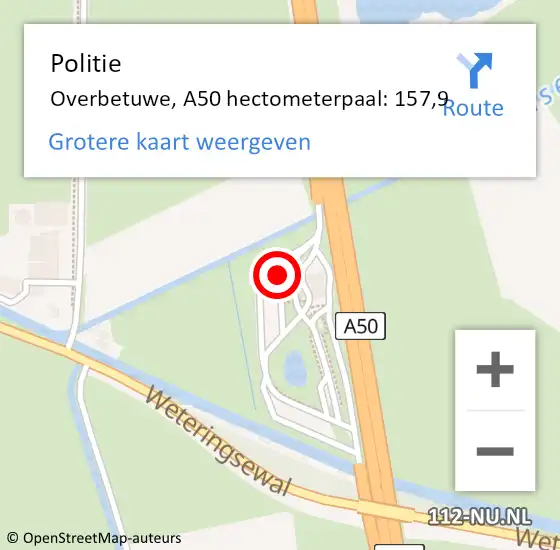 Locatie op kaart van de 112 melding: Politie Overbetuwe, A50 hectometerpaal: 157,9 op 5 september 2024 14:27