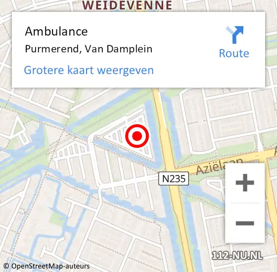 Locatie op kaart van de 112 melding: Ambulance Purmerend, Van Damplein op 5 september 2024 14:29