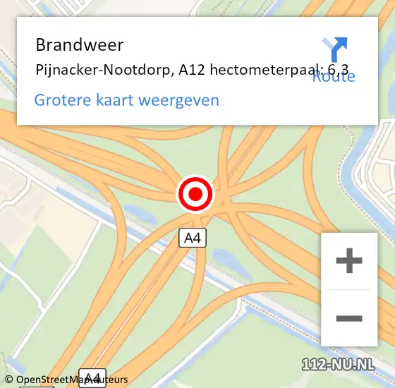 Locatie op kaart van de 112 melding: Brandweer Pijnacker-Nootdorp, A12 hectometerpaal: 6,3 op 5 september 2024 14:52