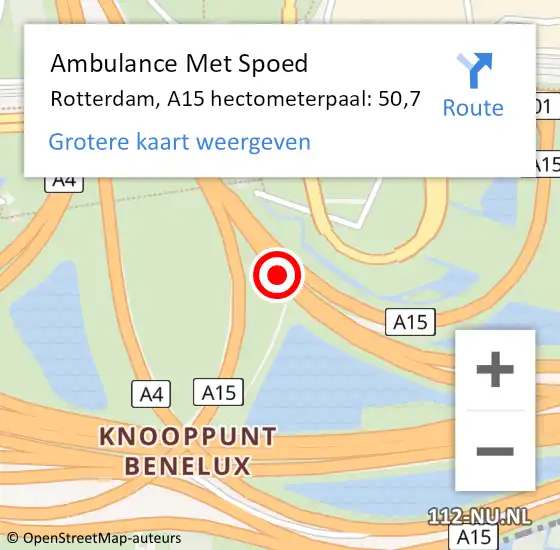 Locatie op kaart van de 112 melding: Ambulance Met Spoed Naar Rotterdam, A15 hectometerpaal: 50,7 op 5 september 2024 14:53