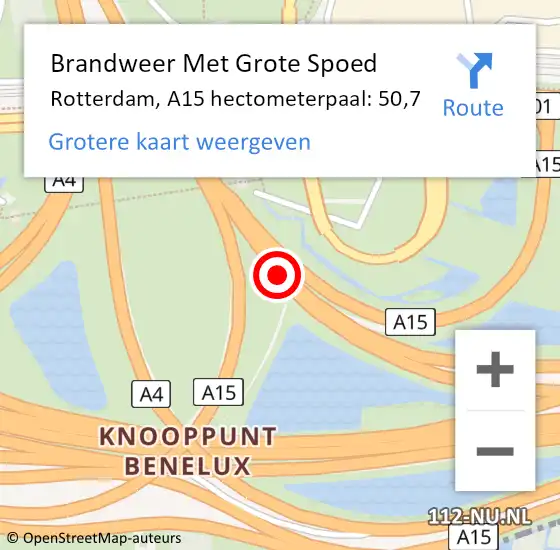 Locatie op kaart van de 112 melding: Brandweer Met Grote Spoed Naar Rotterdam, A15 hectometerpaal: 50,7 op 5 september 2024 14:53