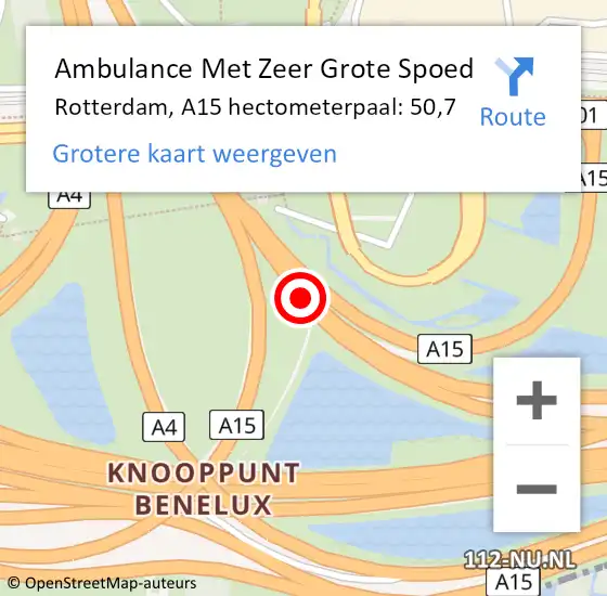 Locatie op kaart van de 112 melding: Ambulance Met Zeer Grote Spoed Naar Rotterdam, A15 hectometerpaal: 50,7 op 5 september 2024 14:55