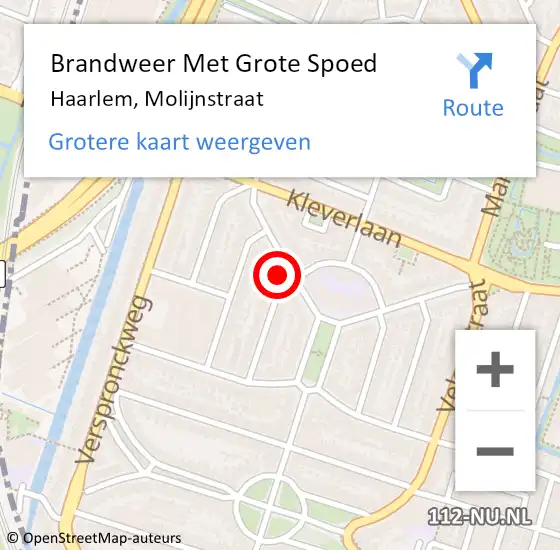 Locatie op kaart van de 112 melding: Brandweer Met Grote Spoed Naar Haarlem, Molijnstraat op 5 september 2024 15:00