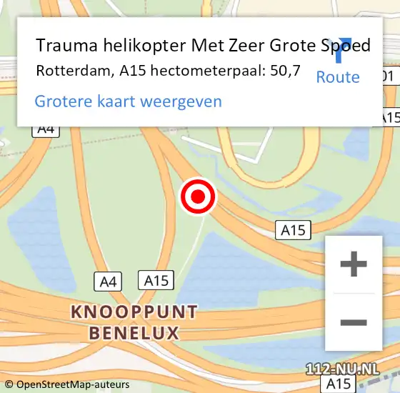 Locatie op kaart van de 112 melding: Trauma helikopter Met Zeer Grote Spoed Naar Rotterdam, A15 hectometerpaal: 50,7 op 5 september 2024 15:04