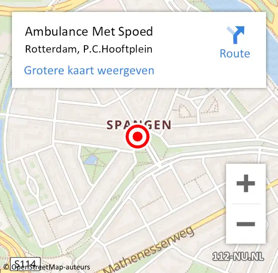 Locatie op kaart van de 112 melding: Ambulance Met Spoed Naar Rotterdam, P.C.Hooftplein op 5 september 2024 15:16