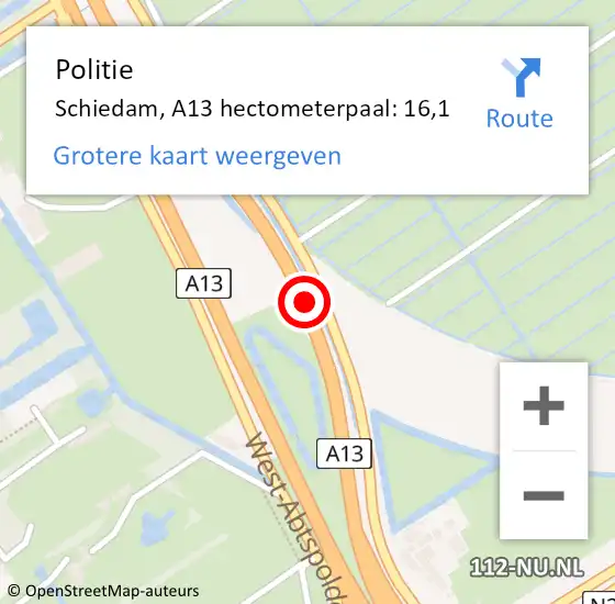 Locatie op kaart van de 112 melding: Politie Schiedam, A13 hectometerpaal: 16,1 op 5 september 2024 15:21