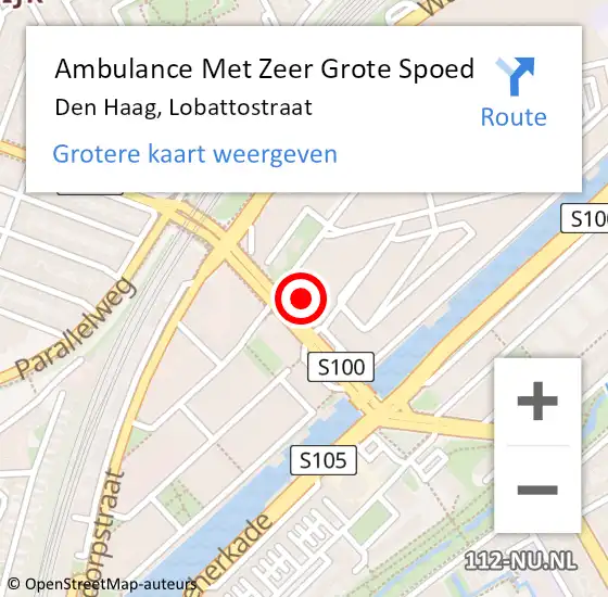 Locatie op kaart van de 112 melding: Ambulance Met Zeer Grote Spoed Naar Den Haag, Lobattostraat op 5 september 2024 15:24