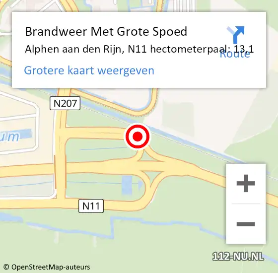 Locatie op kaart van de 112 melding: Brandweer Met Grote Spoed Naar Alphen aan den Rijn, N11 hectometerpaal: 13,1 op 5 september 2024 15:26