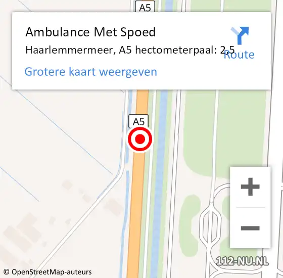 Locatie op kaart van de 112 melding: Ambulance Met Spoed Naar Haarlemmermeer, A5 hectometerpaal: 2,5 op 5 september 2024 15:36