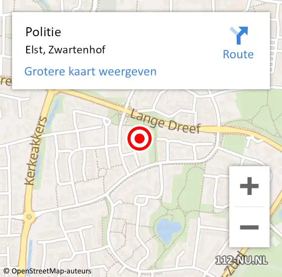 Locatie op kaart van de 112 melding: Politie Elst, Zwartenhof op 5 september 2024 15:38