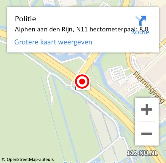 Locatie op kaart van de 112 melding: Politie Alphen aan den Rijn, N11 hectometerpaal: 8,8 op 5 september 2024 15:49