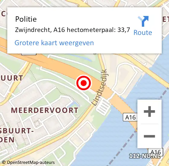 Locatie op kaart van de 112 melding: Politie Zwijndrecht, A16 hectometerpaal: 33,7 op 5 september 2024 15:55