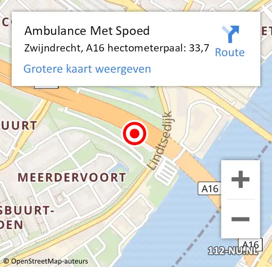 Locatie op kaart van de 112 melding: Ambulance Met Spoed Naar Zwijndrecht, A16 hectometerpaal: 33,7 op 5 september 2024 15:57