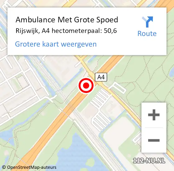 Locatie op kaart van de 112 melding: Ambulance Met Grote Spoed Naar Rijswijk, A4 hectometerpaal: 50,6 op 5 september 2024 16:19