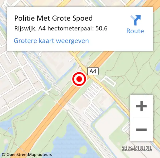 Locatie op kaart van de 112 melding: Politie Met Grote Spoed Naar Rijswijk, A4 hectometerpaal: 50,6 op 5 september 2024 16:19