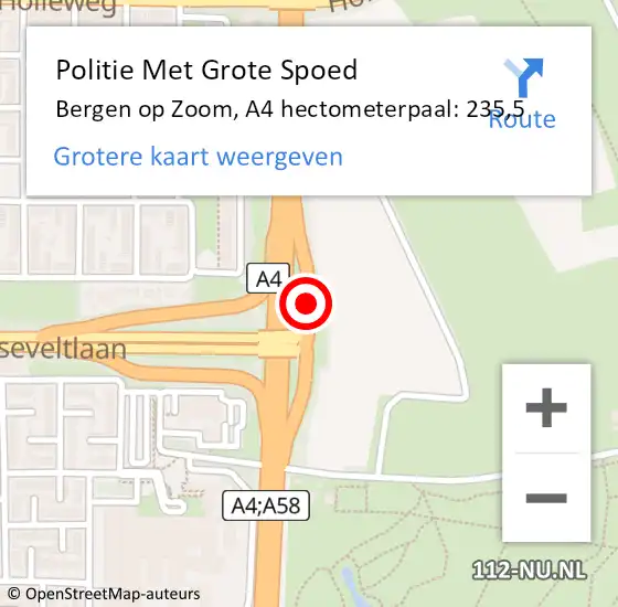 Locatie op kaart van de 112 melding: Politie Met Grote Spoed Naar Bergen op Zoom, A4 hectometerpaal: 235,5 op 5 september 2024 16:50