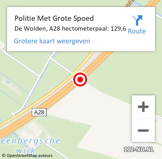 Locatie op kaart van de 112 melding: Politie Met Grote Spoed Naar De Wolden, A28 hectometerpaal: 129,6 op 5 september 2024 16:56