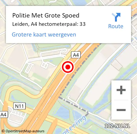 Locatie op kaart van de 112 melding: Politie Met Grote Spoed Naar Leiden, A4 hectometerpaal: 33 op 5 september 2024 17:11