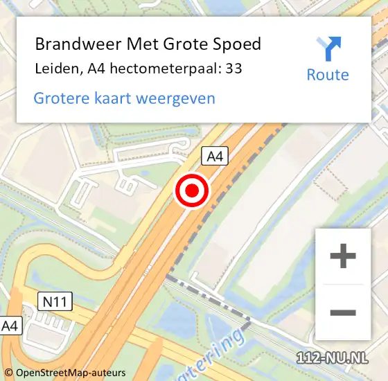 Locatie op kaart van de 112 melding: Brandweer Met Grote Spoed Naar Leiden, A4 hectometerpaal: 33 op 5 september 2024 17:12