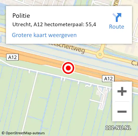 Locatie op kaart van de 112 melding: Politie Utrecht, A12 hectometerpaal: 55,4 op 5 september 2024 17:48