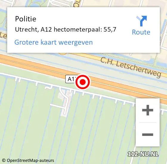 Locatie op kaart van de 112 melding: Politie Utrecht, A12 hectometerpaal: 55,7 op 5 september 2024 17:49