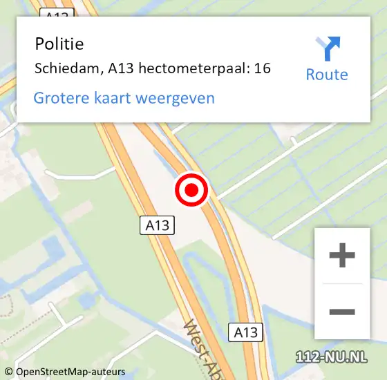 Locatie op kaart van de 112 melding: Politie Schiedam, A13 hectometerpaal: 16 op 5 september 2024 18:02