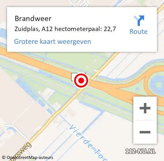 Locatie op kaart van de 112 melding: Brandweer Zuidplas, A12 hectometerpaal: 22,7 op 5 september 2024 19:42